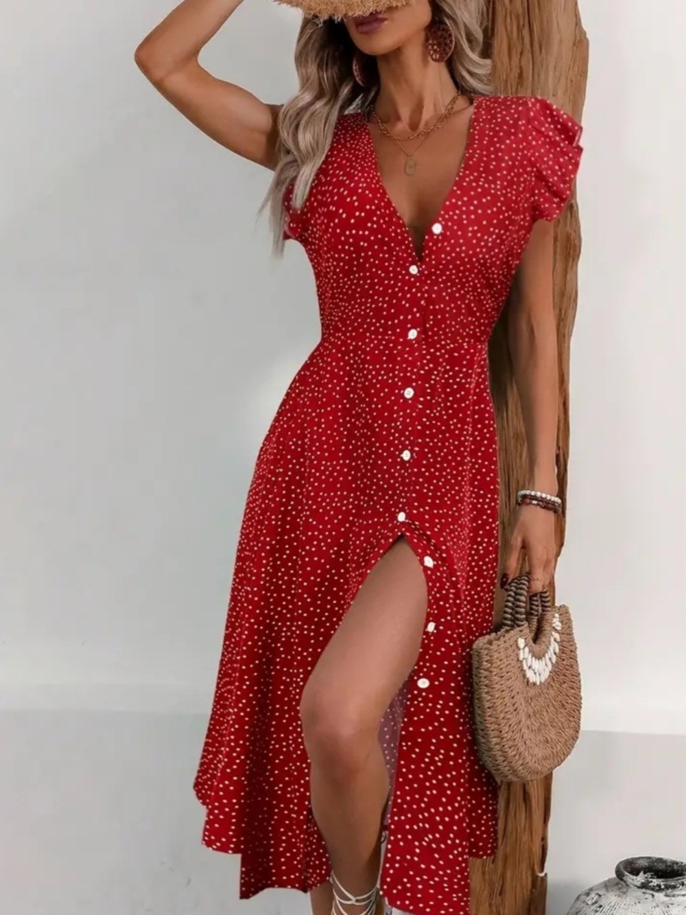 Red Polka Dot Midi Dress - Women's Casual Summer Dress - Picture 2 of 2